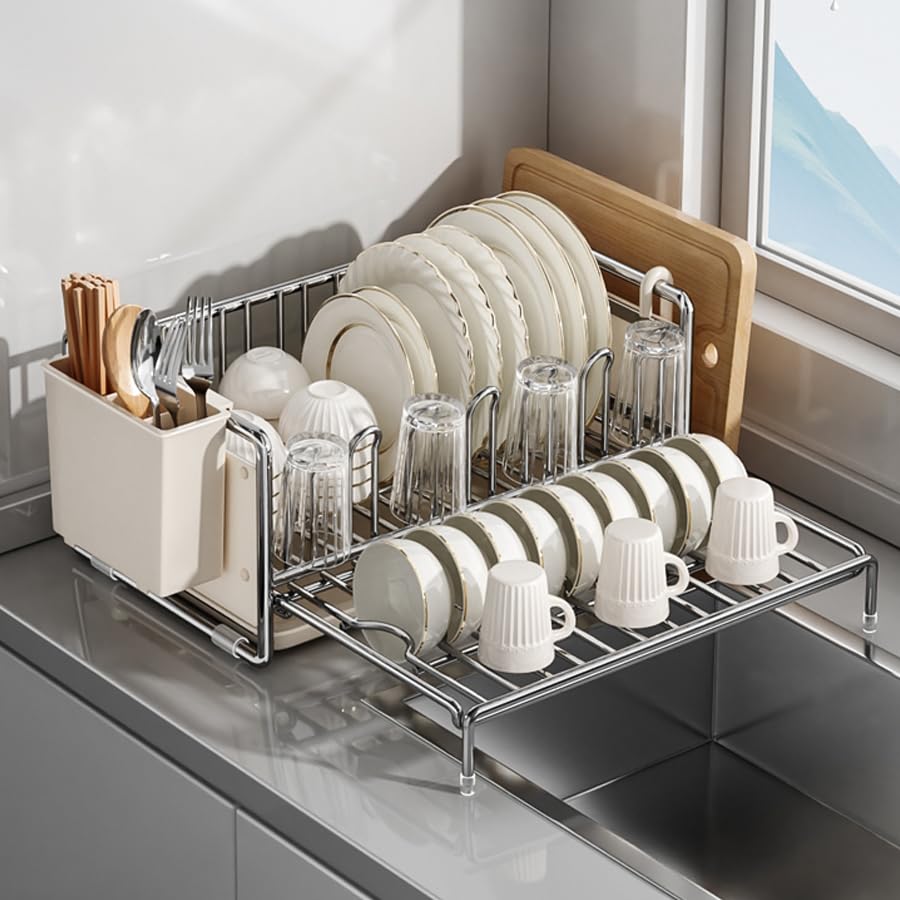 Zilnox 水切りラック 伸縮 シンク上 水切り 大容量 かご キッチン カゴ 食器 乾燥 ラック 台所 自動排水 省スペース クリームホワイト 幅39*奥行24~46*高17CM