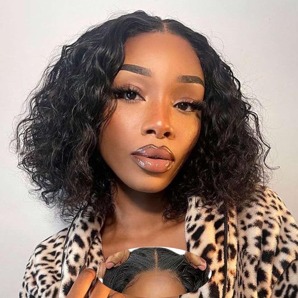 Srakuw Wear and Go Glueless Wigs Human Hair Pre Plucked Pre Cut Lace Closure Wigs for Black Women Glueless 180 Density Curly Bob Wig Human Hair for Beginners(10 Inch)