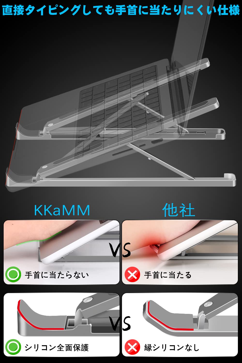 KKaMM ノートパソコンスタンド タブレット スタンド パソコンスタンド パソコン台 pcスタンド ノートpc スタンド macbook スタンド pc台 折りたたみ式 持ち運び可能 高さ調整可能 アルミ合金製 人間工学 腰痛 肩凝り 姿勢改善(灰) - 3