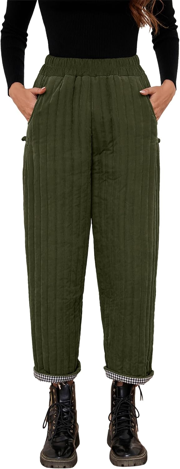 Women's Cotton Down Pants Winter Warm Thicker Padded Quilted Pants Wide Leg Elastic Waisted Loose Trousers with Pockets - Image 2