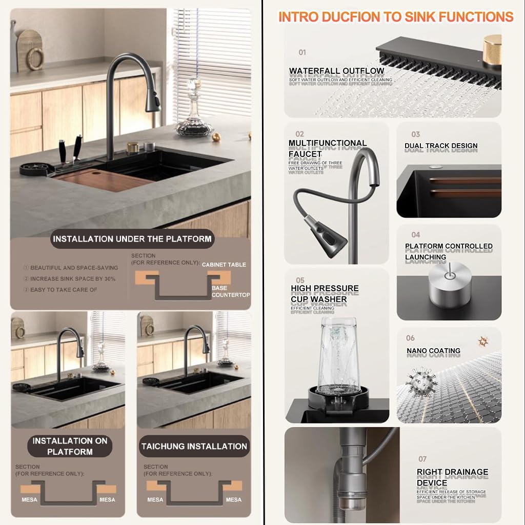 Single Bowl Kitchen Sink, New Stainless Steel Waterfall Sink,Bar Sink, with Cup Washer Sinks, Farmhouse Workstation Sink Drop in Top Or Under Mount (Color : Black-Grey, Size : 68x45x20cm)