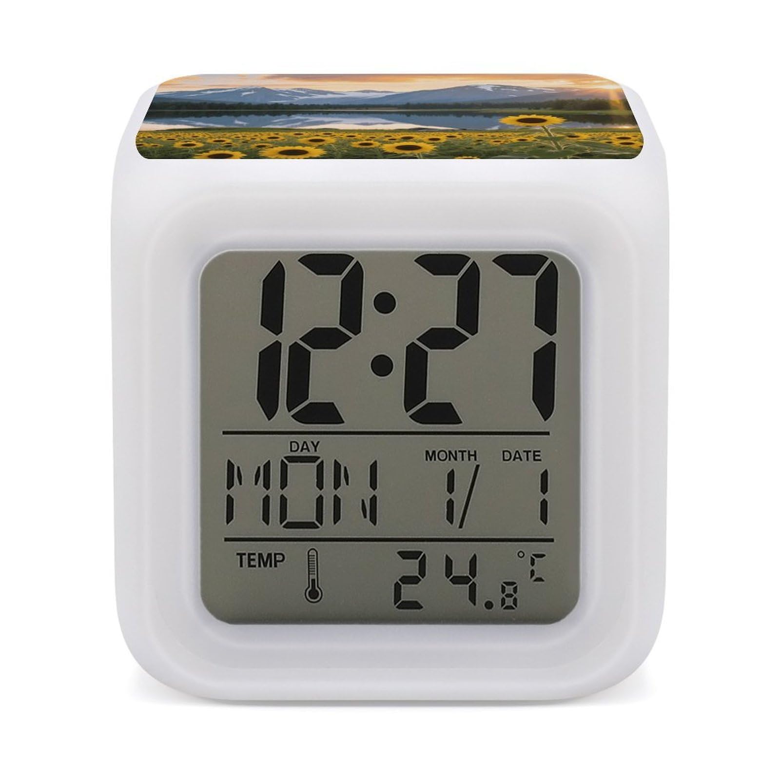 7 Color Ambient Night Light Cube Battery Operated Park Sunflower Landscape Digital Clock with Snooze Temperature LED Digital Alarm Clocks Dimmable Wake Up Light Portable Mood Lamp for Bedroom Desk Gif
