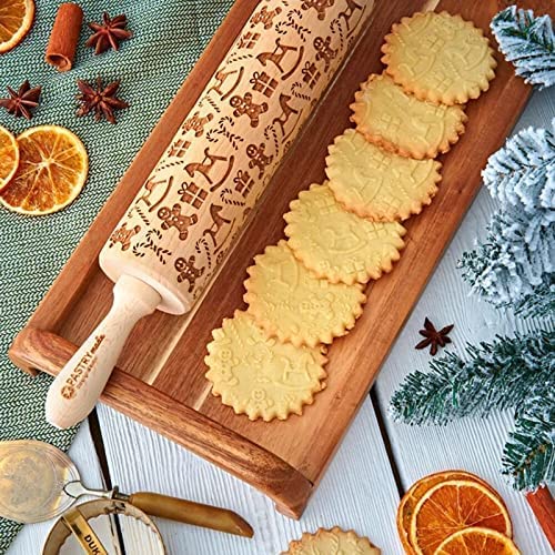 Mattarello Decorativo Di Natale In Legno Di Faggio, 35 Cm, Con Incisione 3D Per Biscotti E Pasta