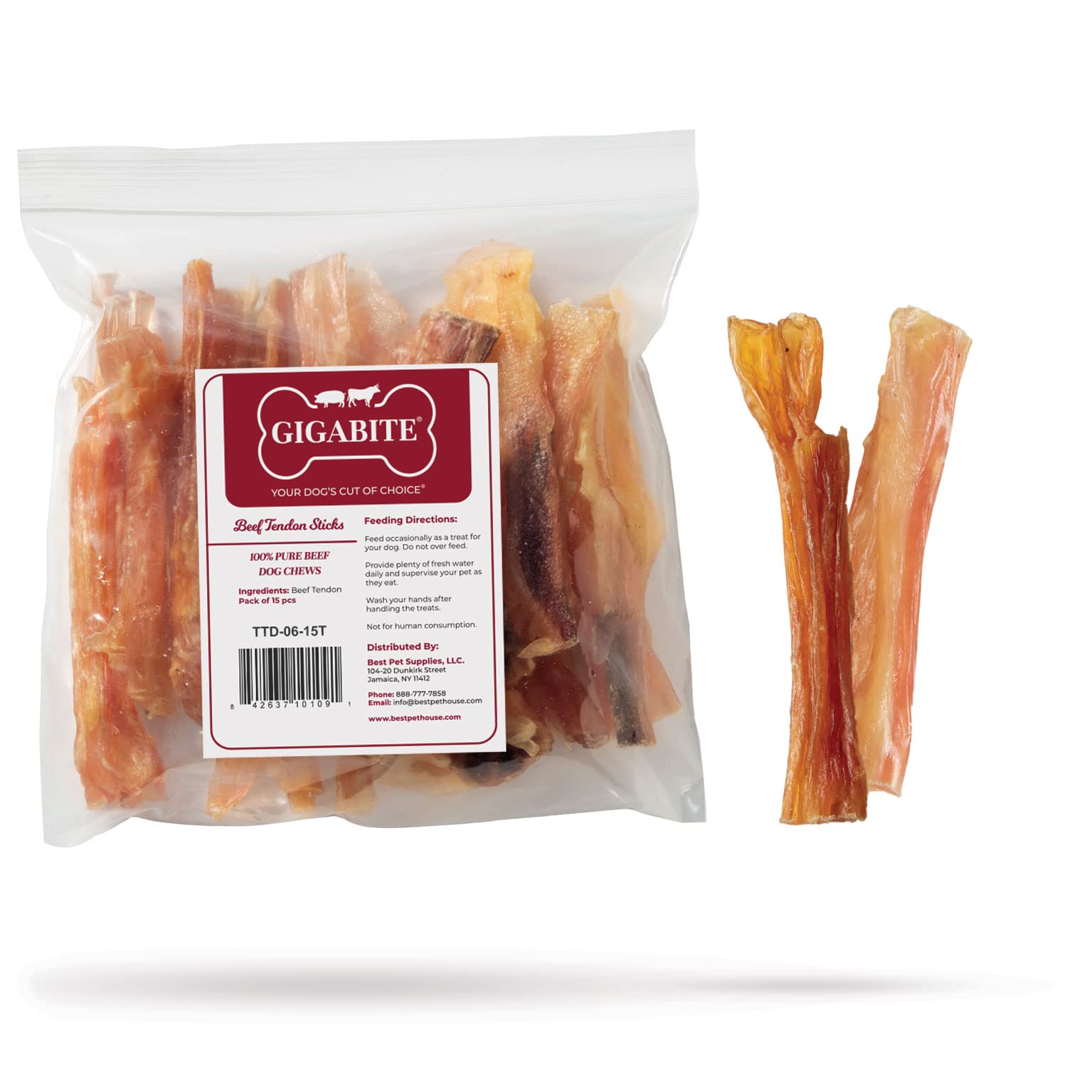 GigaBite 6 Inch All Natural Beef Tendon Sticks by Best Pet Supplies - Pack of 15,TTD-06-15T