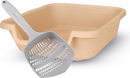 KittyGoHere - Caja de arena para gatos mayores, tamaño pequeño, color arena, caja de arena segura para mascotas, entrada baja de 3 pulgadas, mucho