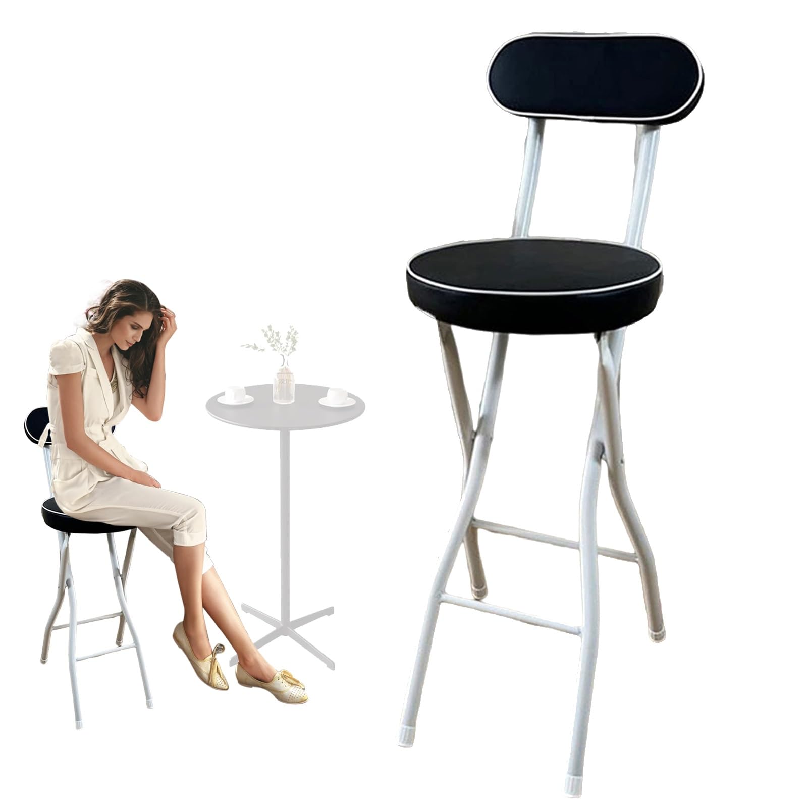 Taburete de Bar Plegable con Respaldo, Taburete Plegable de Altura de Mostrador Acolchado de PU, Taburete Alto de Cocina para Acampar Al Aire Libre Tienda Cafetería ( Color : Black 1pcs , Size : 65cm/