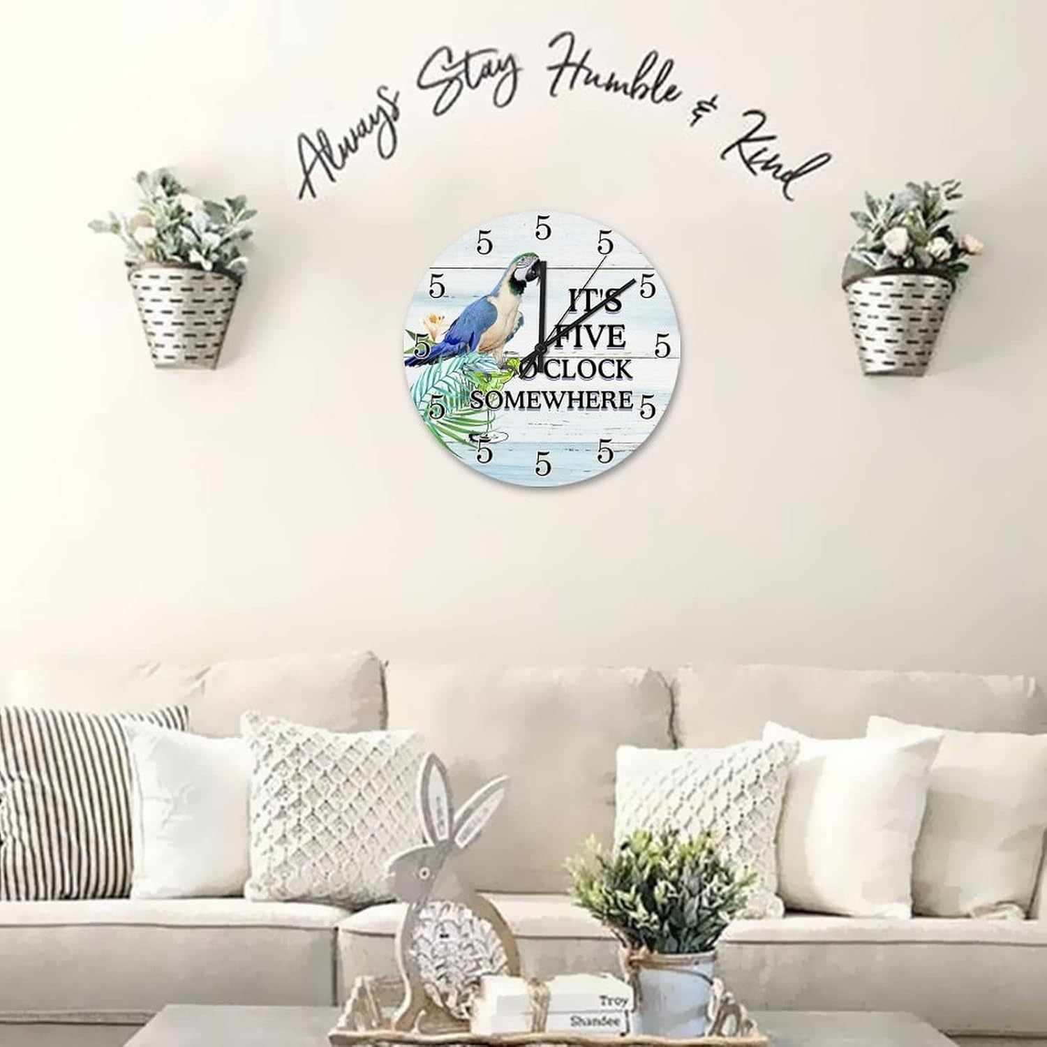12 Inch It's 5 O'Clock Somewhere Parrot Wall Clocks Battery Operated Tiki Decor Decorative Clock Round Clock for Living Room Bedroom Kitchen Farmhouse Decor
