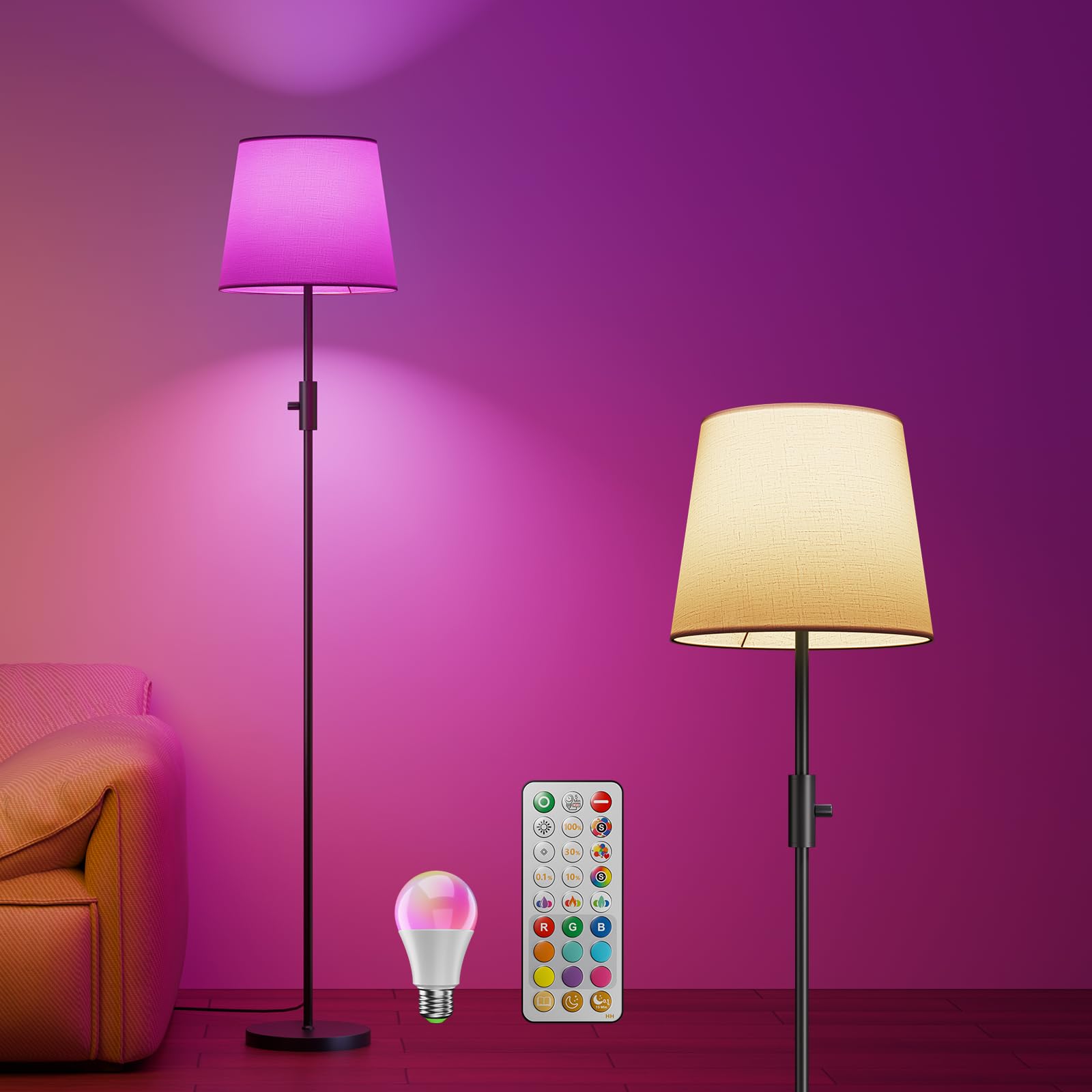 VARICART Lámpara De Pie Salon, Regulable Lamparas De Pie Para Salon Modernas LED Con Bombilla RGBCW 10W De Cambio De Color, Lampara Negra Con Pantalla Para Dormitorio, Oficina