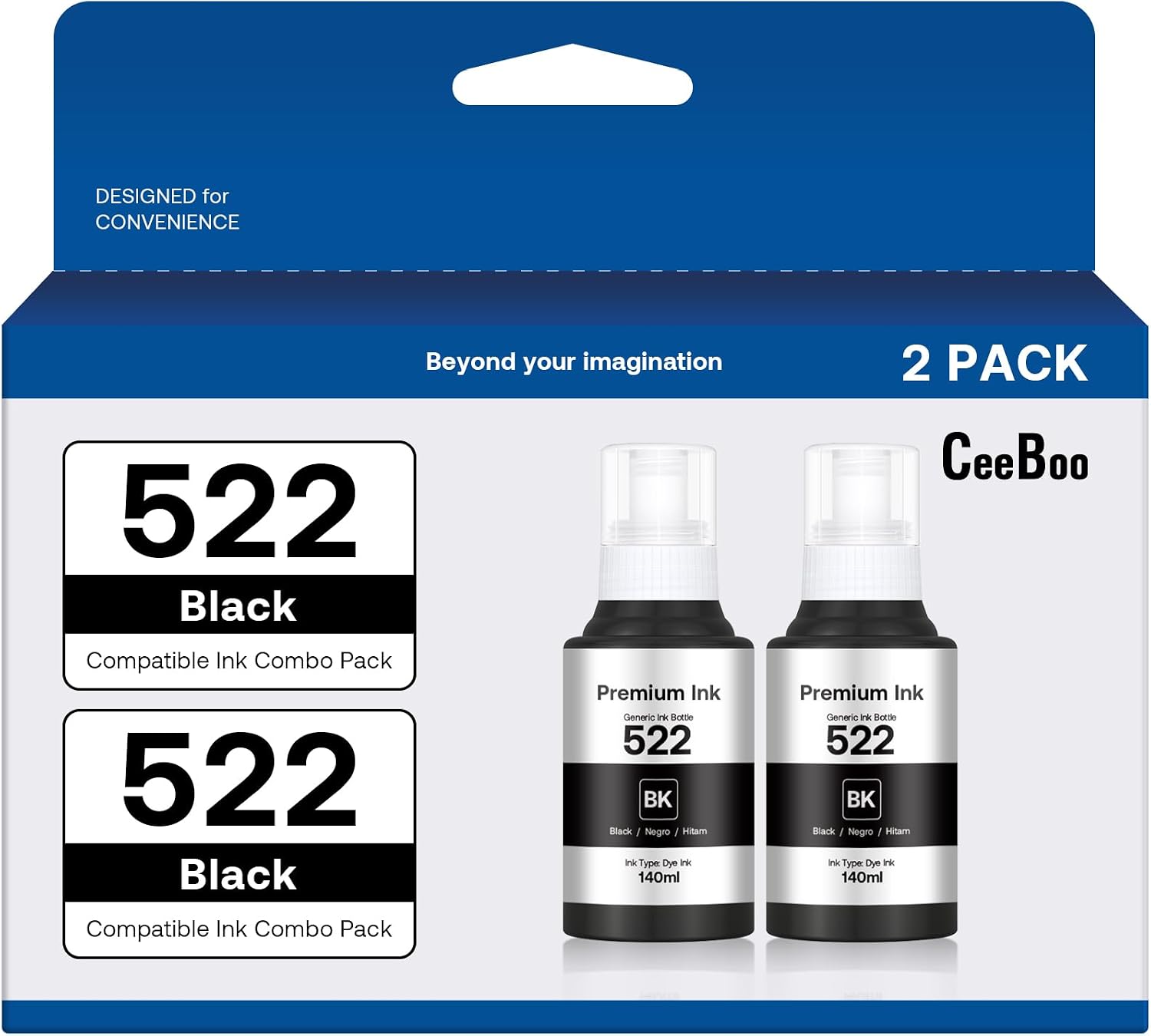 CEEBOO 522 Ultra-high Capacity Refill Ink Bottle Black Replacement for Epson 522 Black Ink Refill Bottles (Not Sublimation Ink), 2 Black 140 mL, 2 Bottles