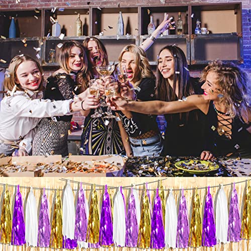Image of 4P Purple-Gold Foil Fringe Metallic Tassel Garland, Tassels Banner Streamers for Parade Floats, Bachelorette, Wedding, Birthday, Halloween, Christmas, Bridal /Baby Shower Party Decorations