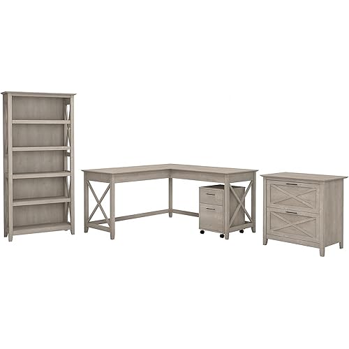 Bush Furniture Key West 60W L Shaped Desk with File Cabinets and 5 Shelf Bookcase in Washed Gray