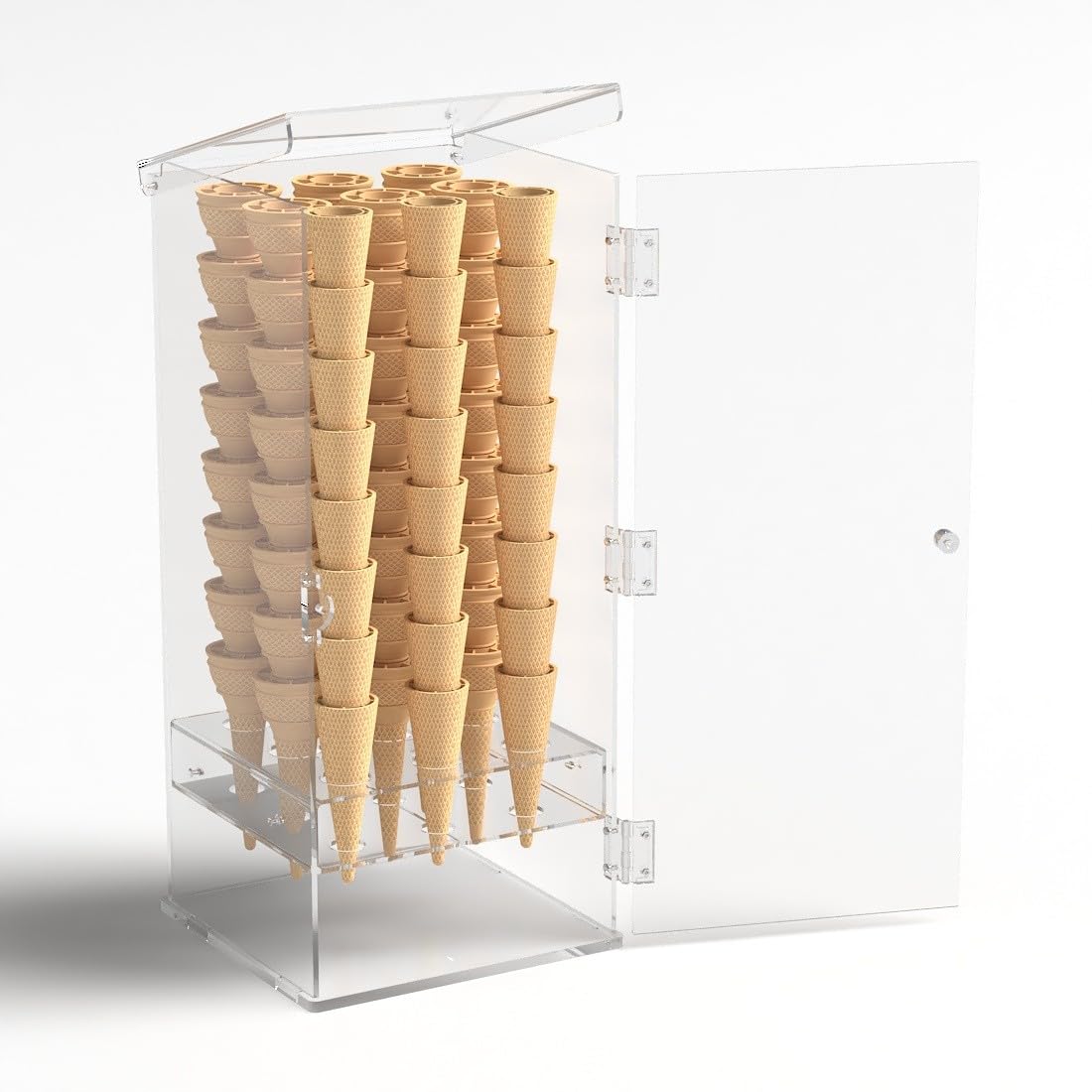 Portaconi gelato in plexiglass trasparente a 9 fori con sportello frontale - Misure: 24x23x H47 cm