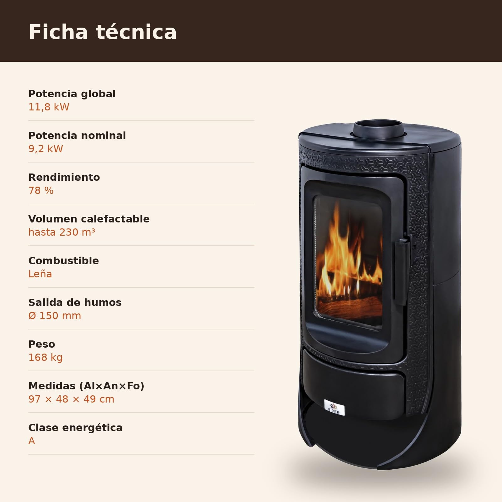 EIDER BIOMASA Estufa de Leña ALTAIR – 11,8 kW – Hierro Fundido – Doble Combustión – hasta 230 m³ – Cristal Panorámico – Calefacción Salón – Certificada CE