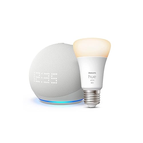 Immagine del prodotto Echo Dot (5ª generazione, modello 2022) con orologio, Bianco ghiaccio + Philips Hue White Lampadina LED Smart (E27), compatibile con Alexa - Kit di base per Casa Intelligente