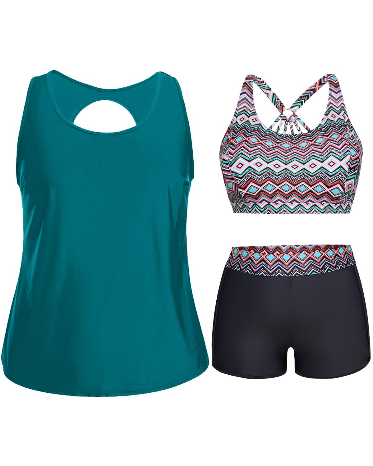 Holipick Women Plus Size 3 Piece Tankini Swimsuits Athletic Bathing Suits with Shorts