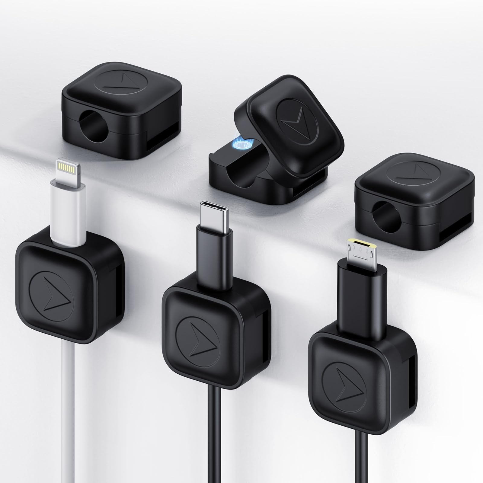 Tuocal 6 Pack Cable Clips Tidy, Magnetic Cord Organizer Holder Desk Cable Clips Management Strong Self Adhesive Desk Wire Tidy for Nightstand Kitchen Appliances Office Supplies, Black