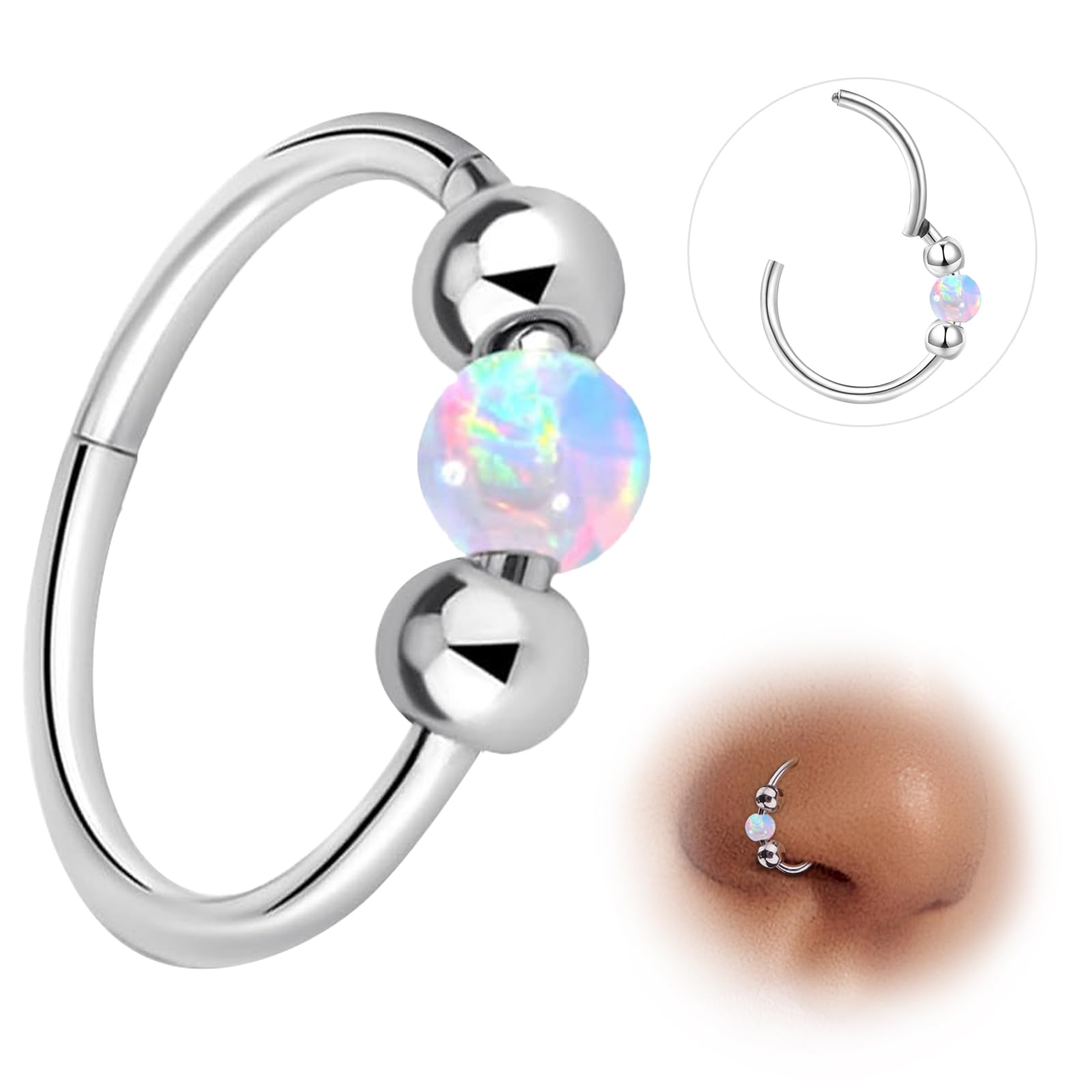 ESHIONER G23 Titanio Piercing Nariz aro Plata Negro Septum Helix Concha Anillos de Segmento Anillos de Labio Joyería Piercing Tragus 18G 8MM 10MM Blanco Azul Rosa Opalo Nostril Piercing para Mujer