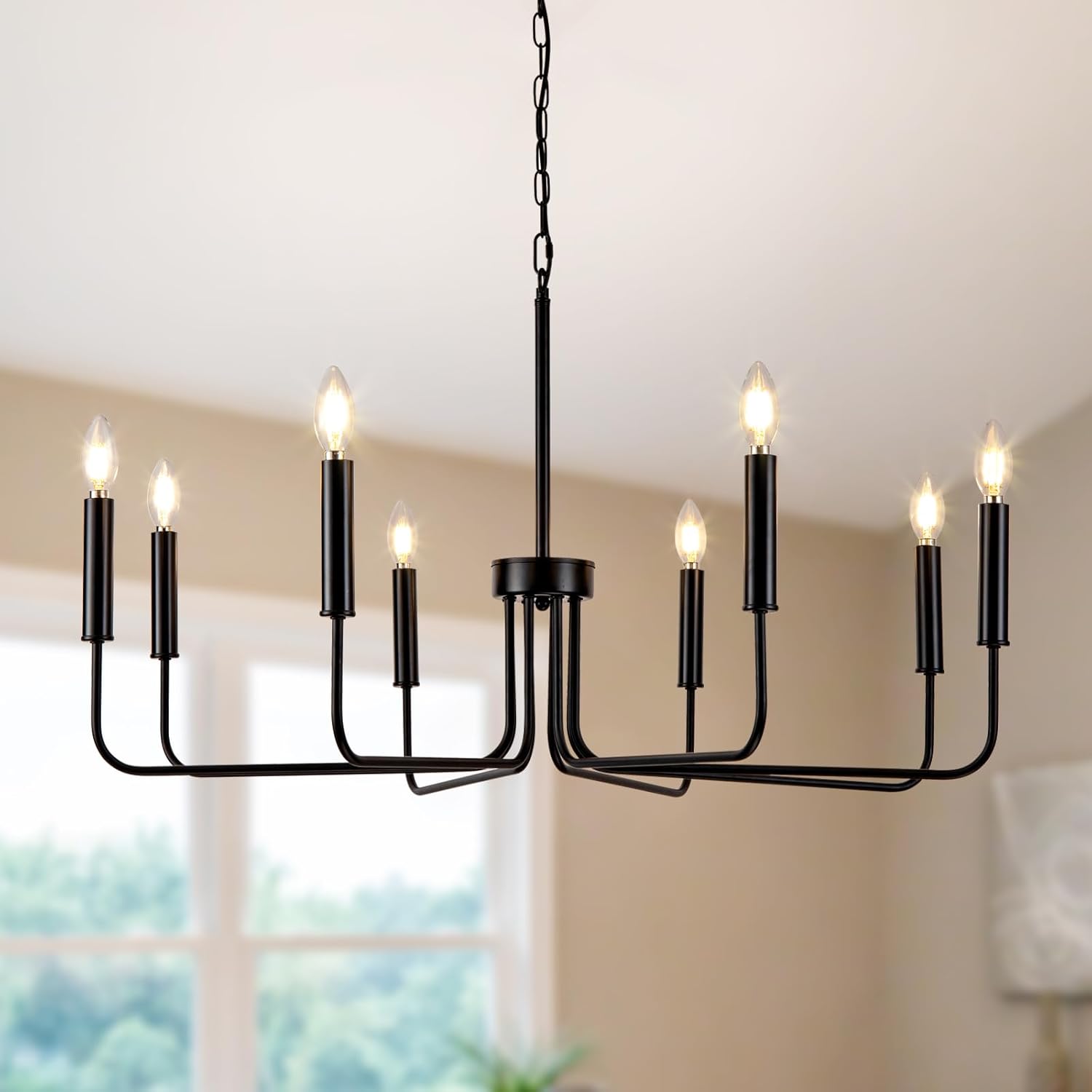 Mikeru Black Chandelier, 8-Light Vintage Industrial Pendant Light, Farmhouse Dining Lighting, Dimmable & Adjustable Height Chandelier. Suitable for Bedroom, Living Room, Kitchen, Office, Foyer.