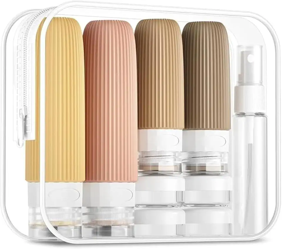 Kit de Viagem Premium, 17 Peças, Frascos de Silicone e Plástico com Nécessaire Transparente, 60ml e 90ml, Conjunto Organizador para Cosméticos e Produtos de Higiene (Cor_pnk)