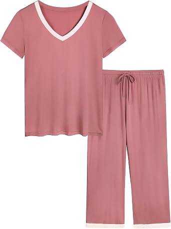Joyaria Womens Pajama Sets Short Sleeve and Capri Pants Soft Bamboo Viscose 2 Pieces Sleepwear Lounge Set