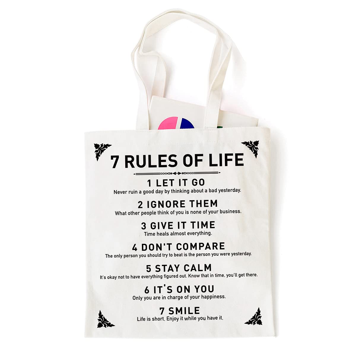 Gift for Graduation/Birthday/Christmas Gifts for Men/Women/Friends/Kids, Rustic Inspirational Quotes 12 Oz Reusable Tote Bag | Motivational 7 Rules of Life 100% Tote Bag