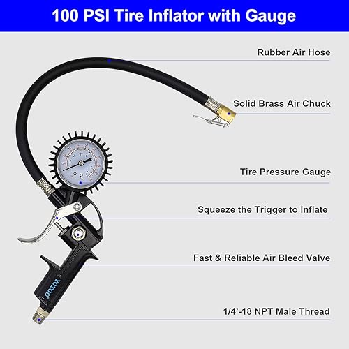 Miniatura 3 de YOTOO Kit de accesorios para compresor de aire, kit de herramientas de aire NPT de 1/4 pulgadas de alta resistencia con medidor de inflado de