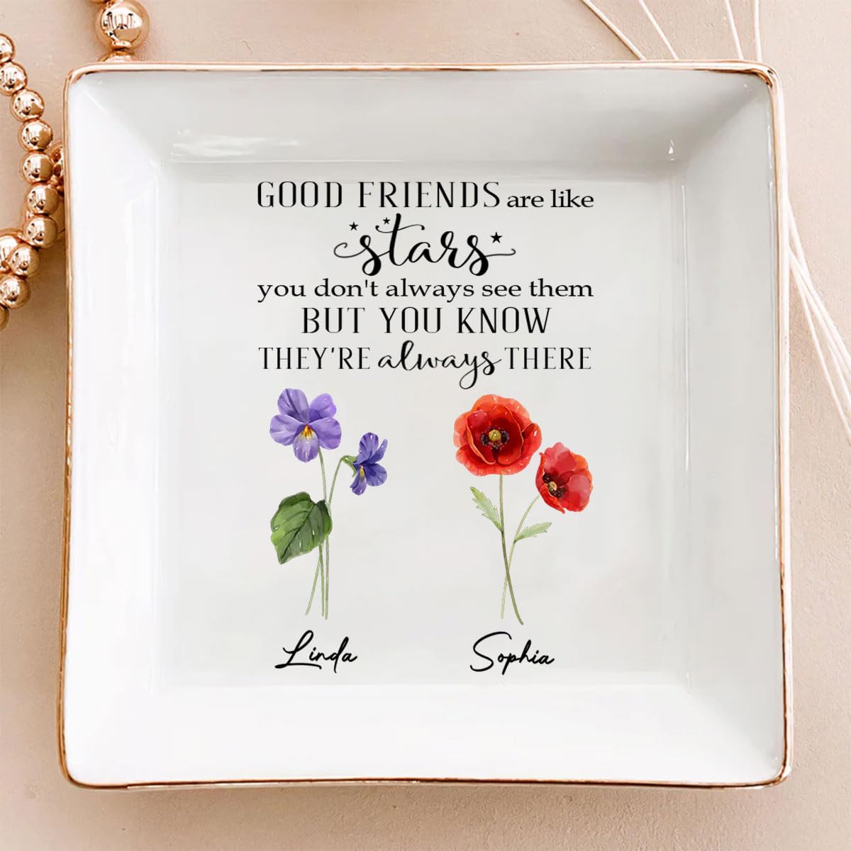 Wrappiness Personalized Best Friend Jewelry Dish Ceramic - Customizable Friendship Trinket Dish with Gold Edges - Good Friends are Like Stars Birthday