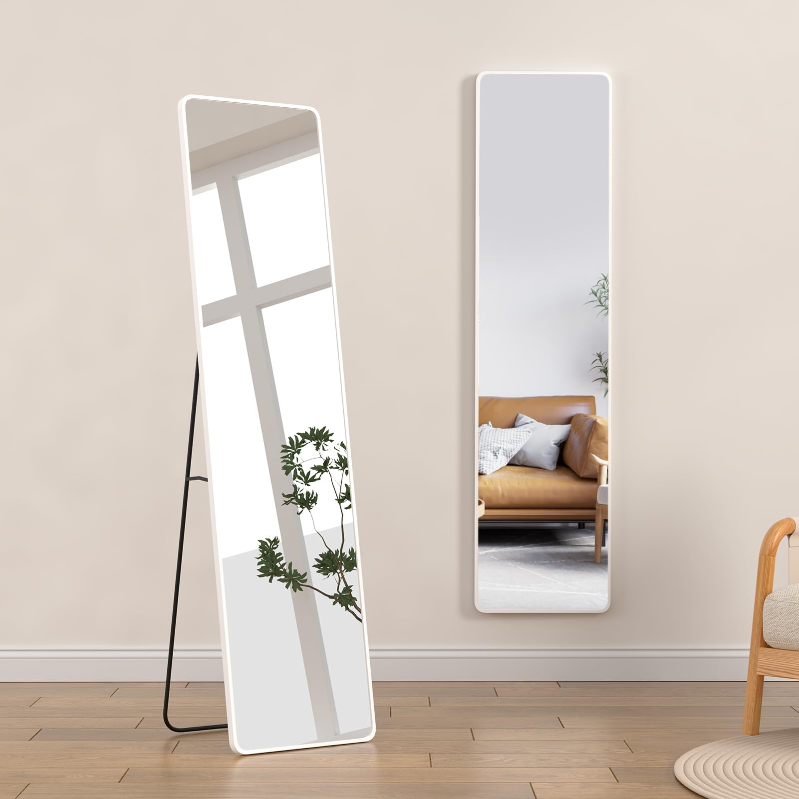 Warmiehomy Full Length Mirror,147x37cm Large Wall Mounted Hanging or Free Standing Leaning Long Mirror with Sliver White Metal Frame for Living Room or Bedroom