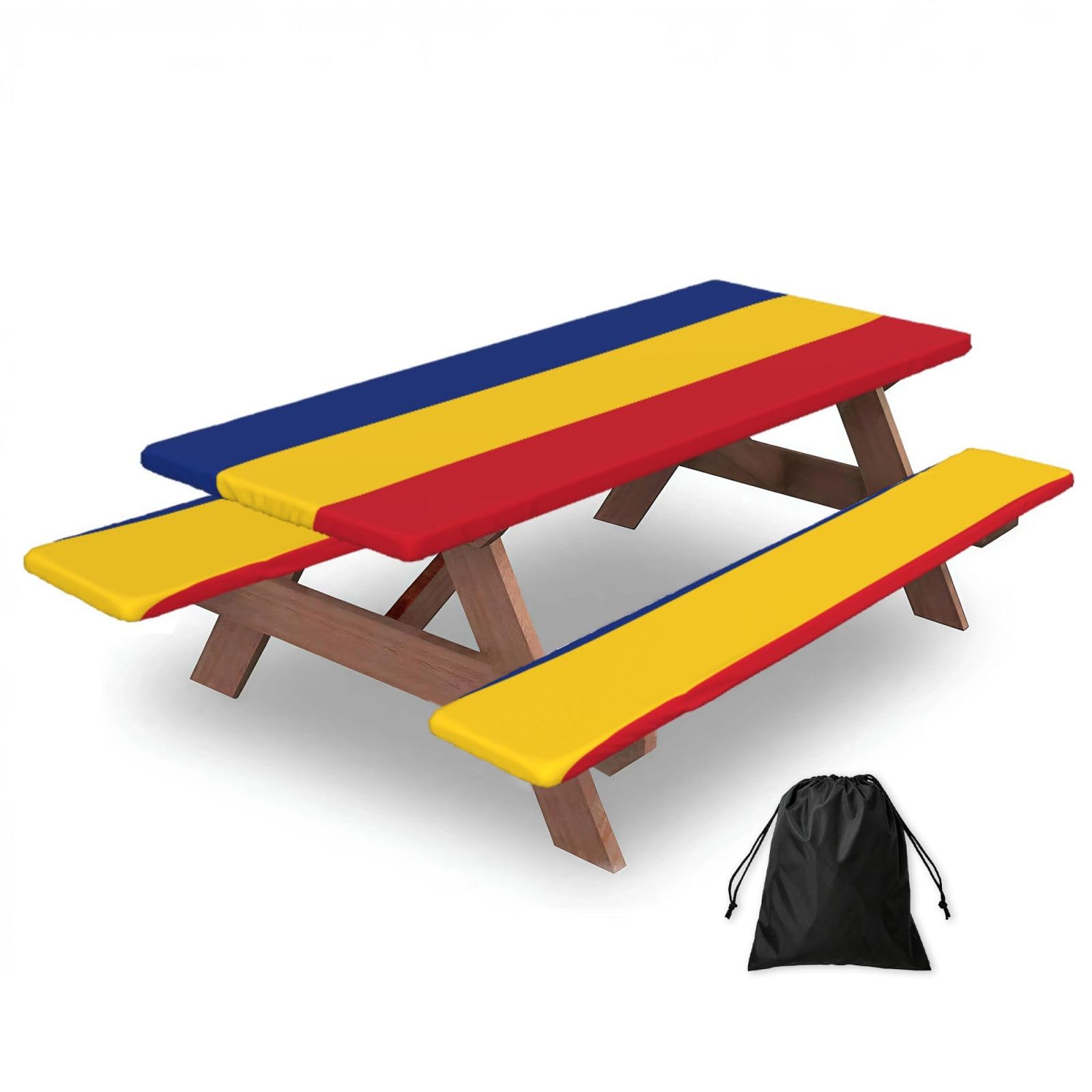 Hhbiuuo Black 72In Camping Table Cover & Bench Covers 3-Pack Set, Flag Of Romania Print Tablecloths, For Rectangle Tables Picnic