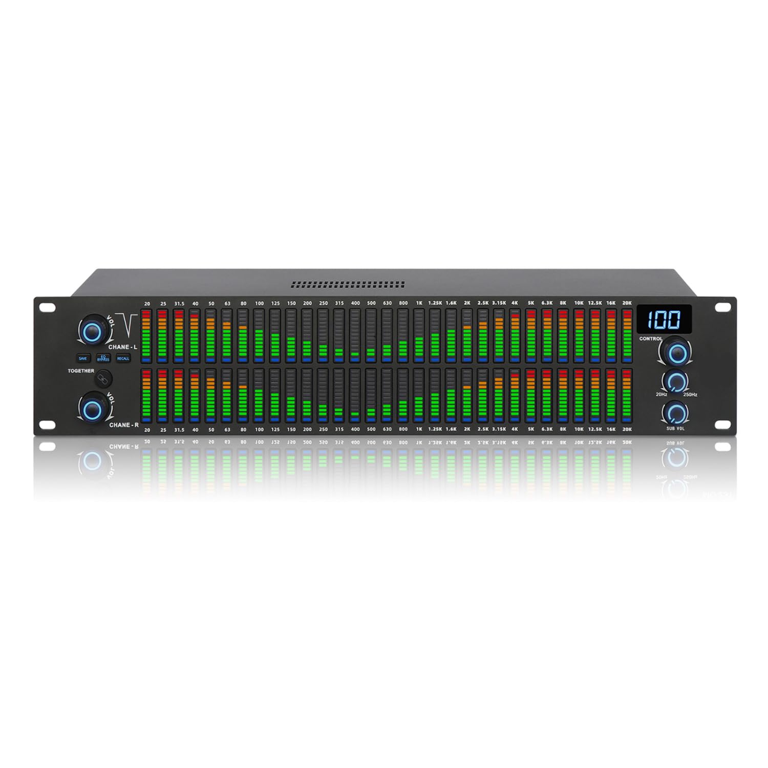 31-pasmowy korektor cyfrowy, analizator widma audio ze światłem wyświetlacza, 10 wstępnie ustawionych efektów i impedancji wyjściowej linii: 20Hz-20kHz i niski/średni/wysoki/wysoki, niezależna