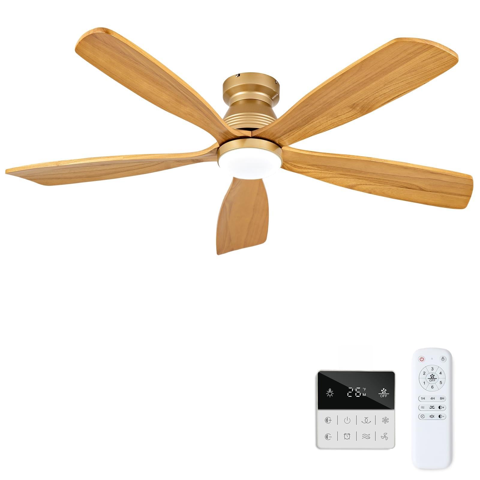 Photo 1 of DELIHUA 52 Inch Flush Mount Ceiling Fans with Lights and Remote, Dimmable, 5 Blades Wood Ceiling Fan with Light, Low Profile Outdoor Indoor Modern Ceiling Fan for Bedroom Patio (Gold)