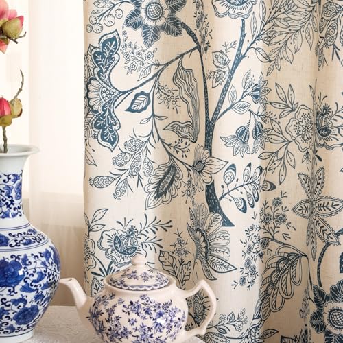 Image of ISAENNE Designer Elegant Linen Printed Curtains,2 Panels,94 inchx65 inch-Ruyi B | Vintage French Cottage Curtain with Grommets 63 inch long,Blue Floral Pattern Draps,kitchen Bedroom Living Room Window