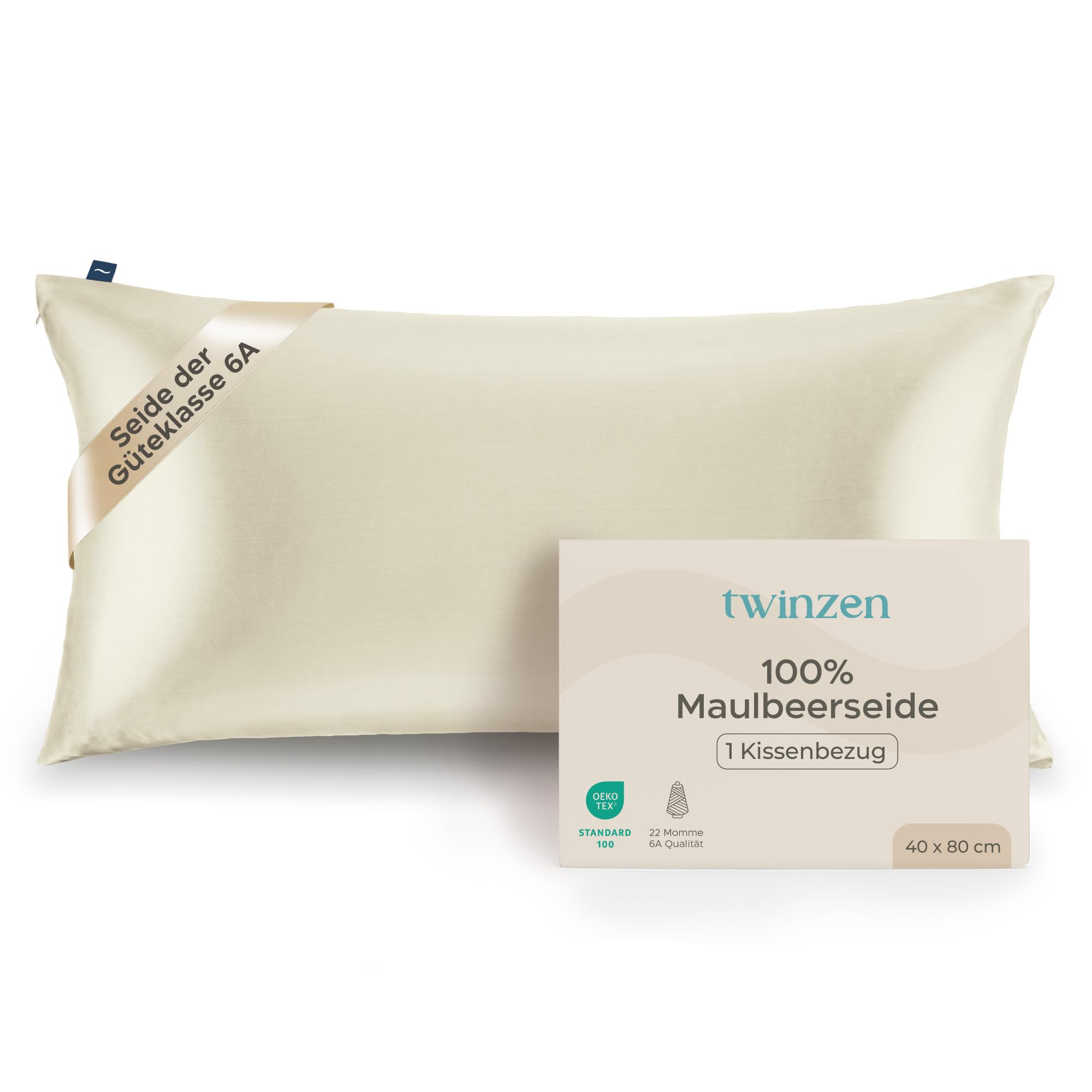 Twinzen Seidenkissenbezug 100% Silk Pillowcase 22 Momme Güteklasse 6A - Oeko-Tex Zert. für Haar und Haut