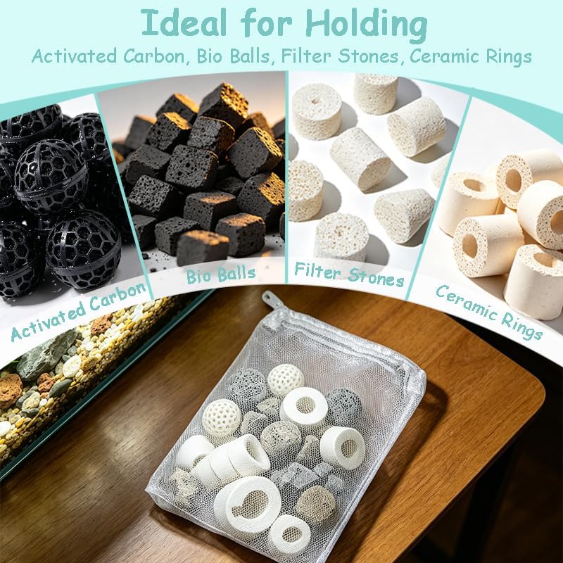 16 Pcs Aquarium Filter Media Bags Extra Fine, 8.26 x 6.10 Inch Small Mesh Bags with Zipper, Reusable White & Black Media Bag for Fish Tank Activated Carbon, Ceramic Rings, Bio Balls image 8