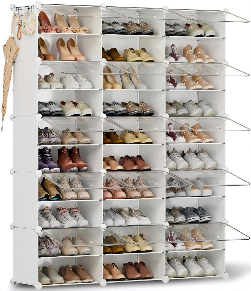 Scarpiera salvaspazio a 30 scomparti con porta, scarpiera modulare in plastica chiusa bianca, mobile per scarpe ingresso fai da te per corridoio camera da letto