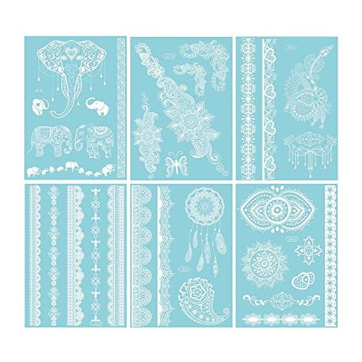 White Henna Temporary Tattoo - 6 Sheet 100 Jewelry Inspired Tattoo Sticker Kit for Summer/Wedding/Beach/Music Festivals for Women & Girls (Elephant)
