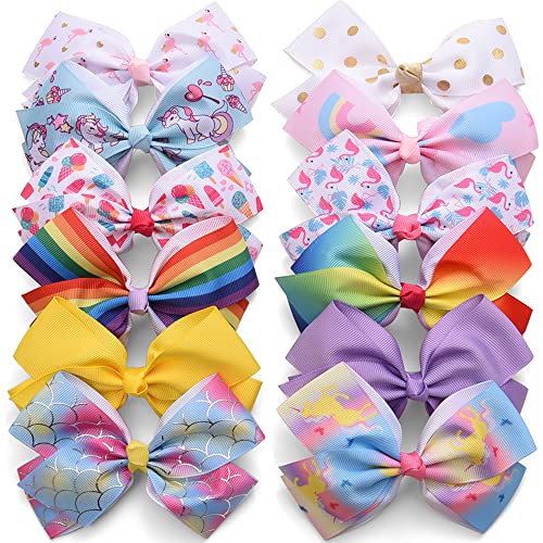 12PCS 5″ Hair Bows for Girls Colorful Rainbow Grosgrain Ribbon Bows Hair Alligator Clips Hair Accessories for Infants Toddlers Kids Teens,Assorted Color-1