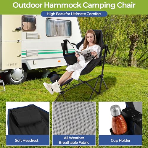 KOTEK Silla Hamaca, Silla de Camping Plegable con Reposapiés Retráctil, Respaldo Ajustable, Reposacabezas, Portavasos y Bolsa de Transporte, Mecedora para Exterior Patio Jardín Viajes Picnic Pesca (Negro) miniatura 7