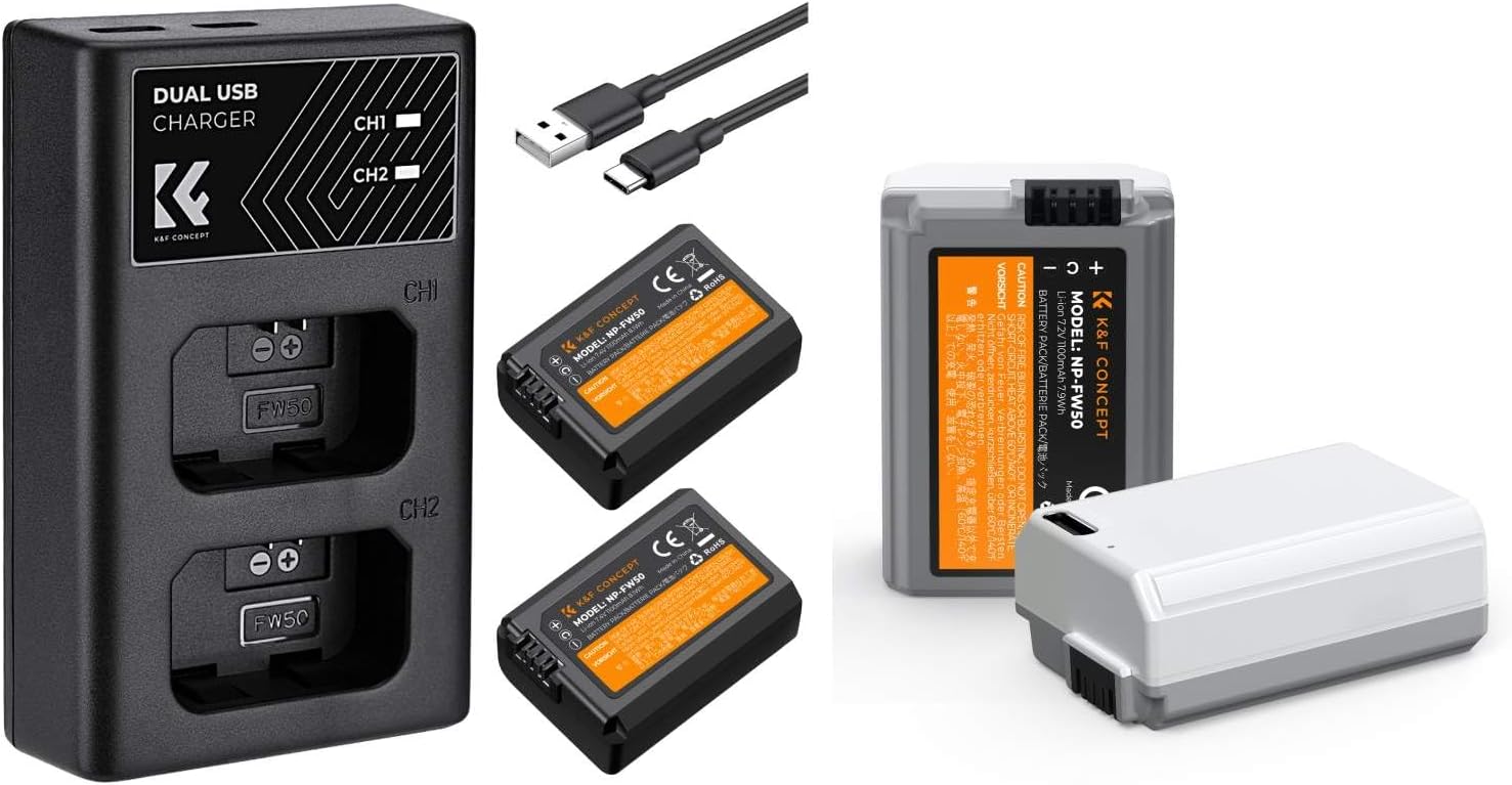 K&F Concept NP-FW50 Battery Charger Set and USB-C ZV-E10 Batteries 2-Pack for Sony Cameras