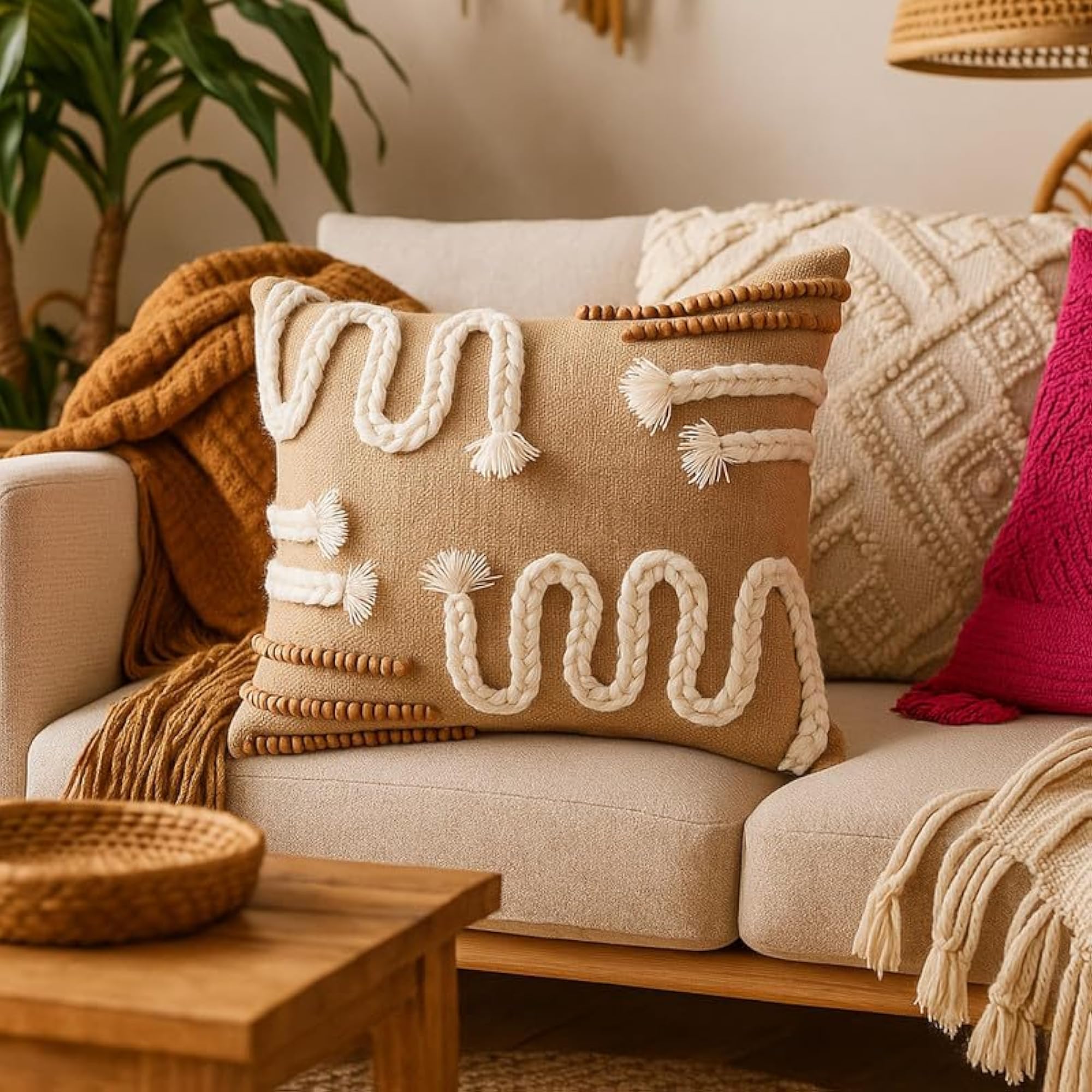 Brown Jute Braided Beaded Cushion Cover, Rustic Boho Decor