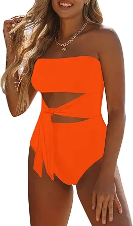 Viottiset Women's Bandeau One Piece Swimsuit Strapless Tie High Cut Out Bathing Suit