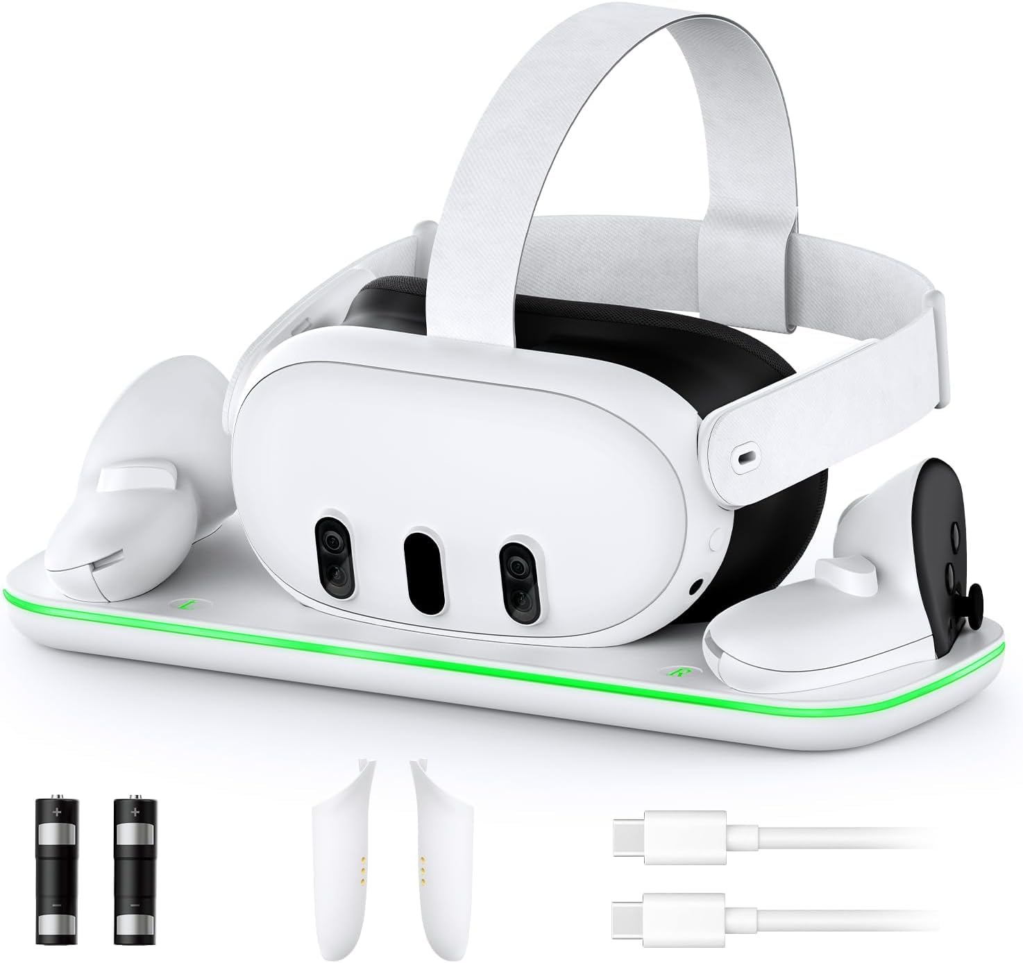 TCOS TECH Charging Dock for Meta Quest 3, VR Charging Station with LED Light [On/Off] for Oculus Quest 3, Charger Display Stand with 2 Rechargeable Batteries, USB-C Cable