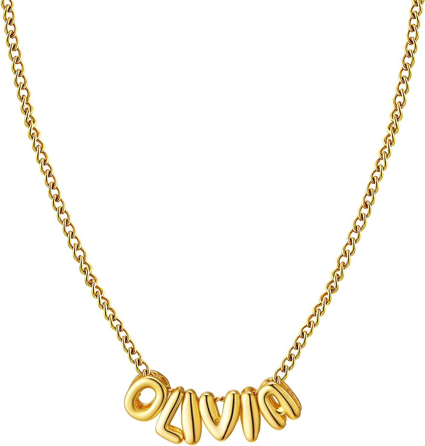 Personalized Bubble Name Necklace, Tiny Name Plate Pendant Necklace, 14K Gold Plated Charm Cute Pre-made Jewelry for Women