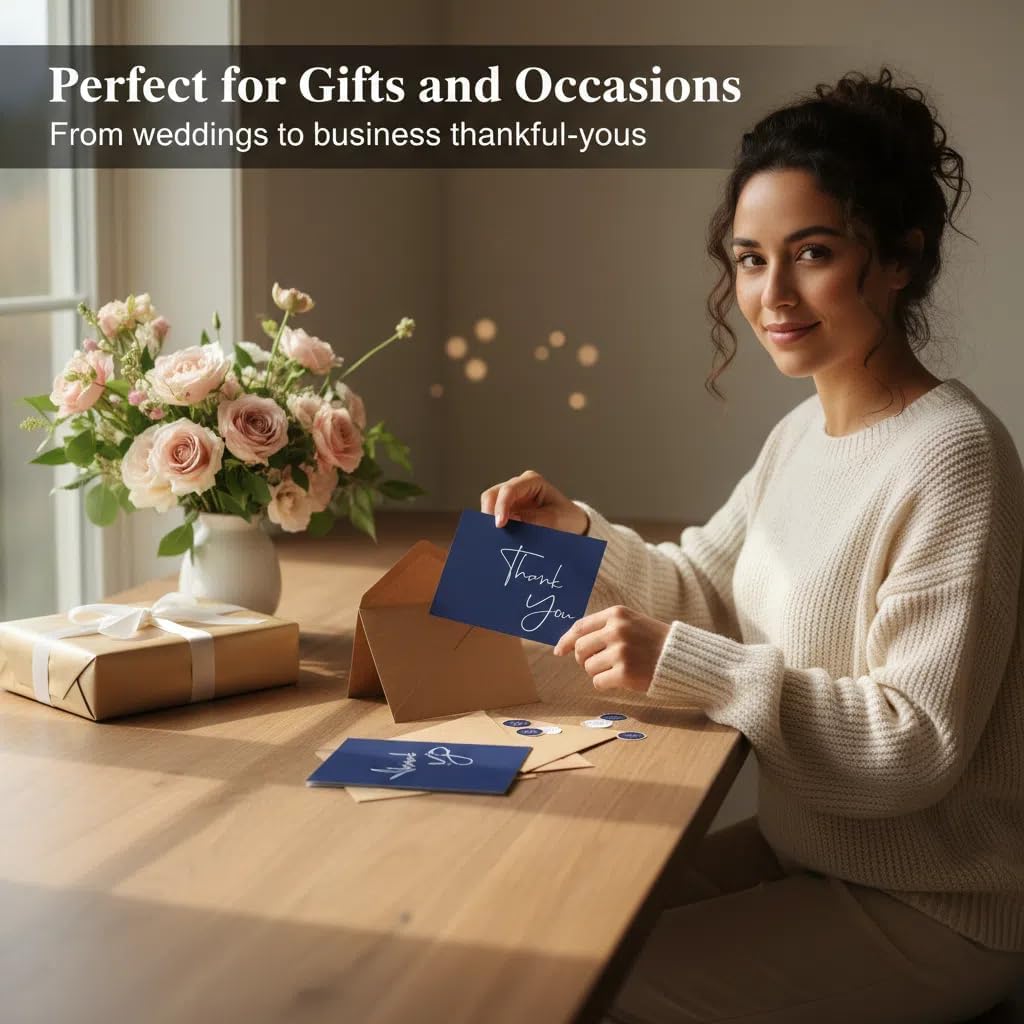 100 Pack Thank You Cards With Envelopes Bulk Set & Stickers - 4x6 inch Blank Thank You Notes Bulk Box Set - Large Note Card Small Business, Wedding, Baby Shower & Bridal Shower - Navy Blue - Image 5