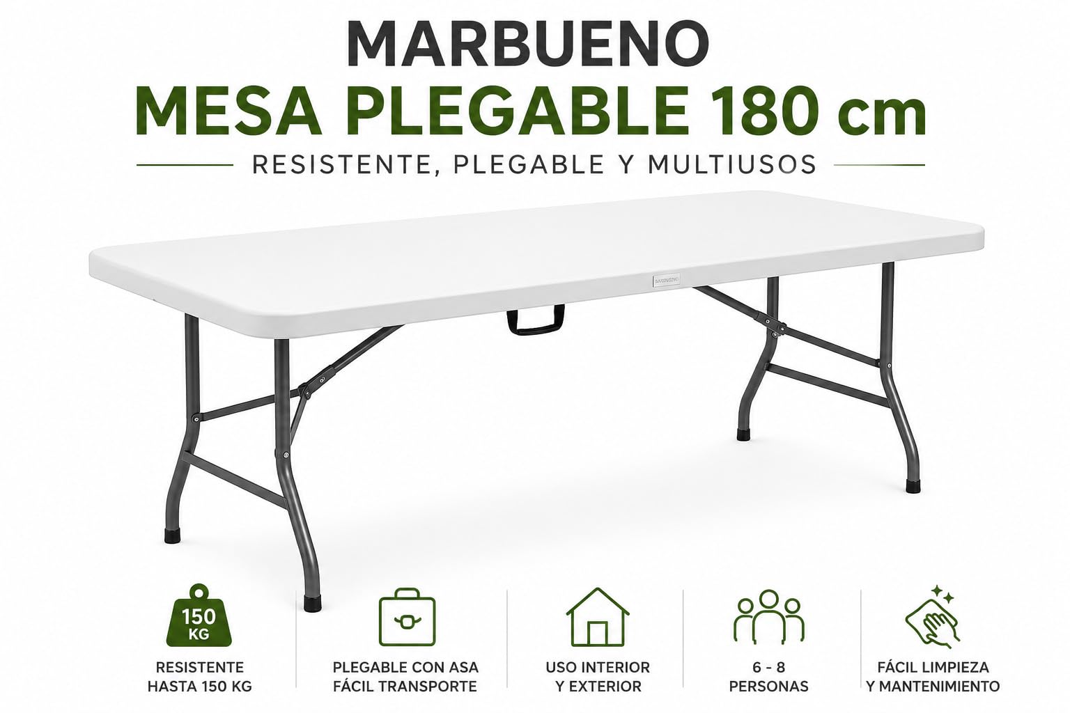 Mesa Plegable 180 cm Blanca con Asa, Mesa Jardín de Resina y Acero, Mesa Catering Portátil Multiusos para Camping, Picnic, Eventos, Terraza e Interior 180x70x74 cm