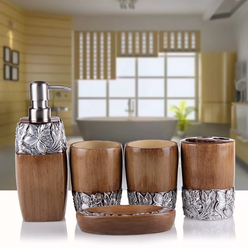 DSMYYXGS 5 Piezas Juego de Accesorios para Baño Bomba de Prensa Relieve de Flor de Arena de Piedra Porta Cepillos de Dientes, Jabonera, Dispensador de Jabón Vaso para Enjuague Bucal ( Color : Brown )
