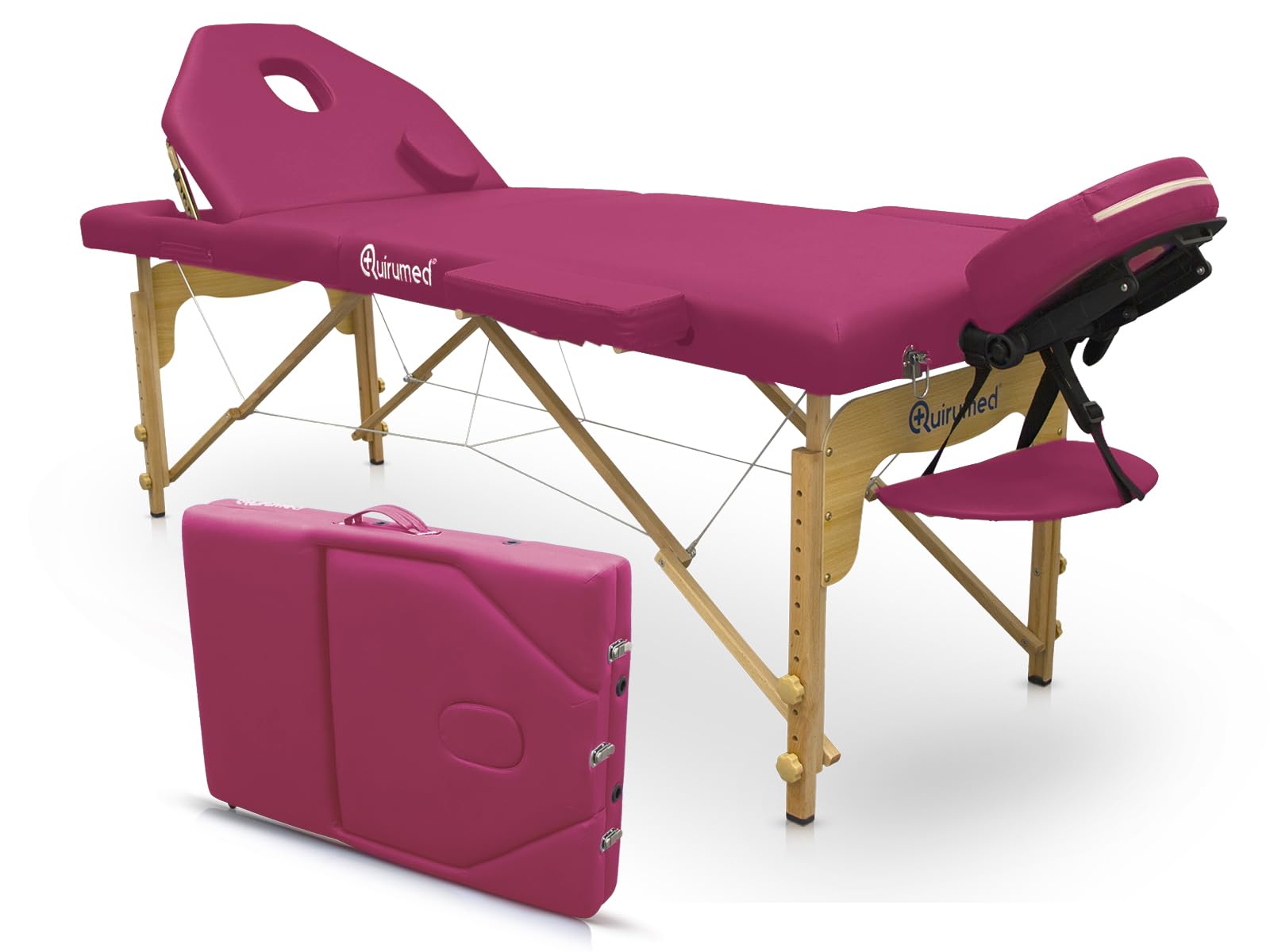 QUIRUMED Camilla de Masaje Plegable de Madera Elite, Color Rosa, 194 x 70 cm, Polipiel, Portátil, Respaldo abatible, Cabezal extraíble, Orificio Facial, Altura Regulable, hasta 150 kg