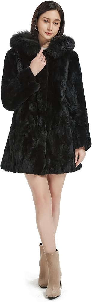 Women's Genuine Rabbit Fur Coat with Fox Fur Trim Hooded Winter