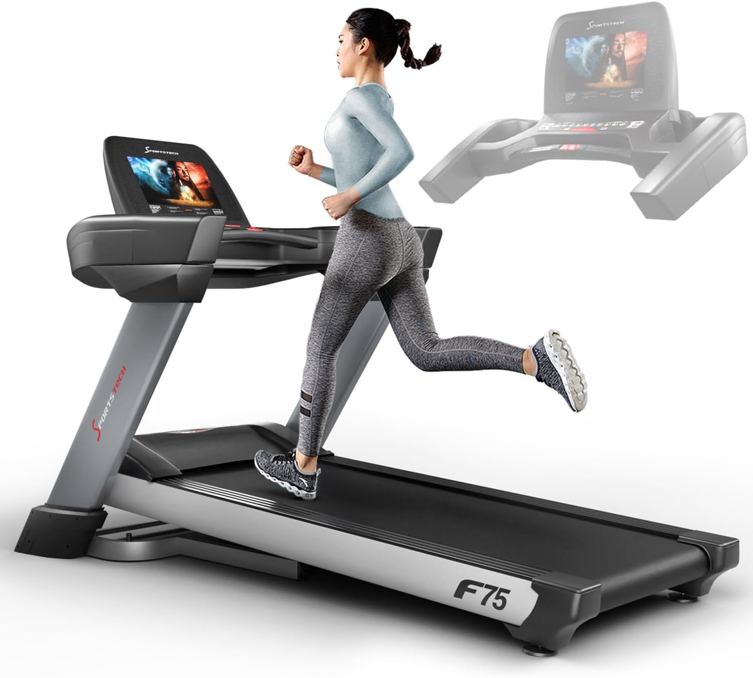 Sportstech F75 High-End Treadmill With Large Running Surface 580x600mm, Android 15,6" Display, WiFi, USB, 4HP, 18% Inclined With Damping System Up To 150Kg - with heart rate belt