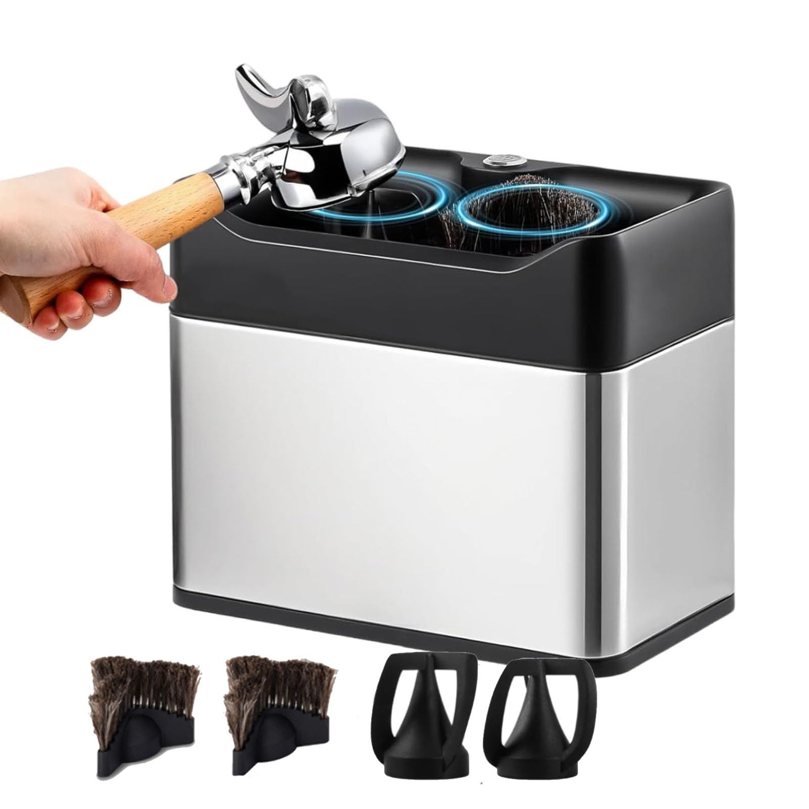 Automatyczny ekspres do czyszczenia portafiltrów, elektryczny skrobak do portafiltrów z dwiema głowicami szczotkowymi, 2 skrobaki, pojemnik na kawę espresso, pojemnik na fusy